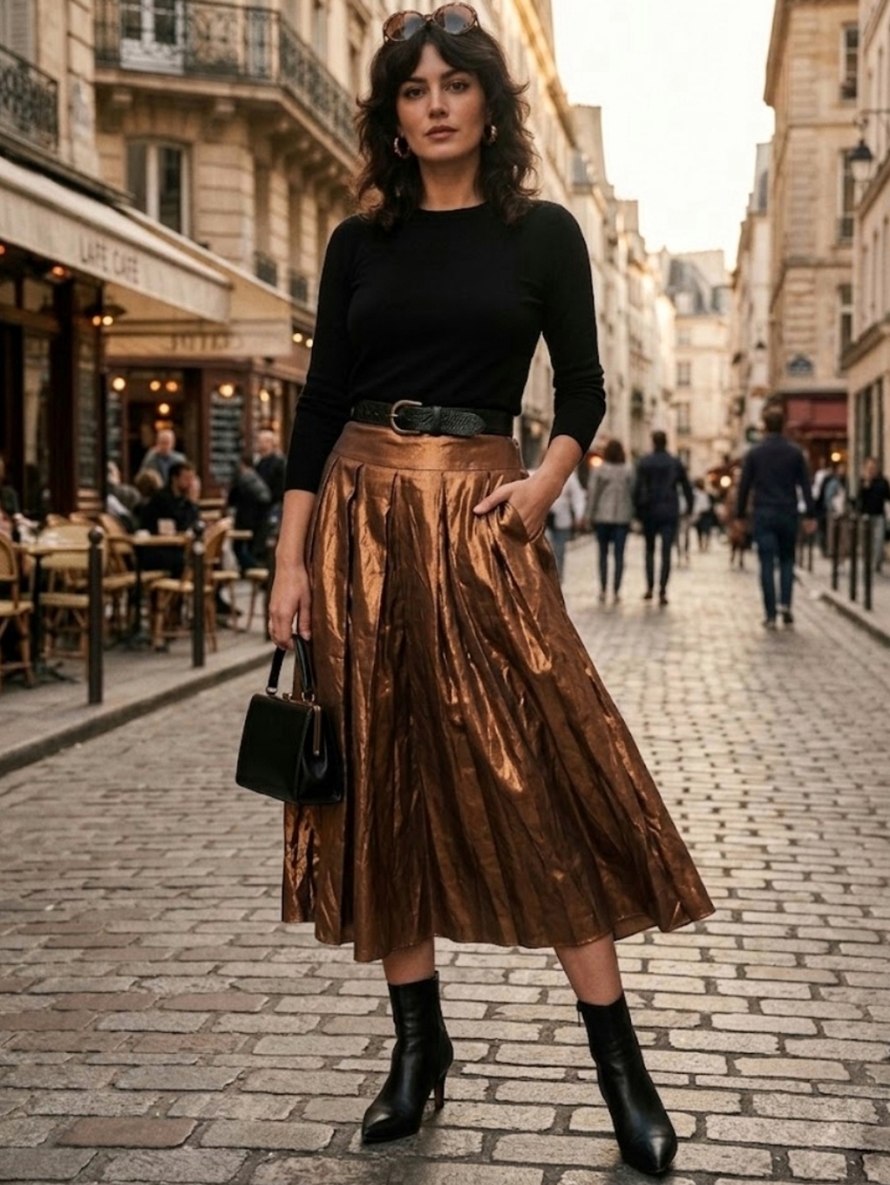 Vintage DKNY Designer Metallic Bronze Gold Silk Pleated Flowy Full Midi Skirt 10